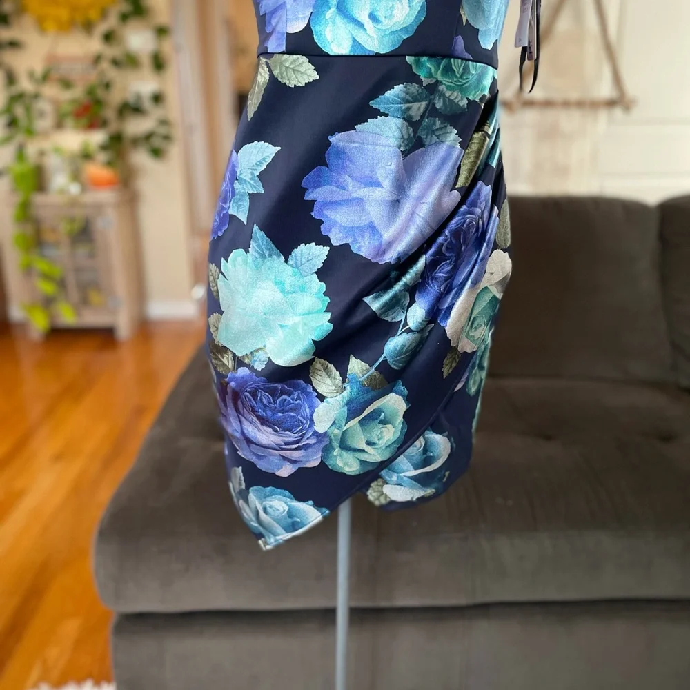 NWT FLORAL PRINT COCKTAIL FITTED BLUE TEAL & NAVY GREAT WEDDING GUEST DRESS - Picture 5 of 9